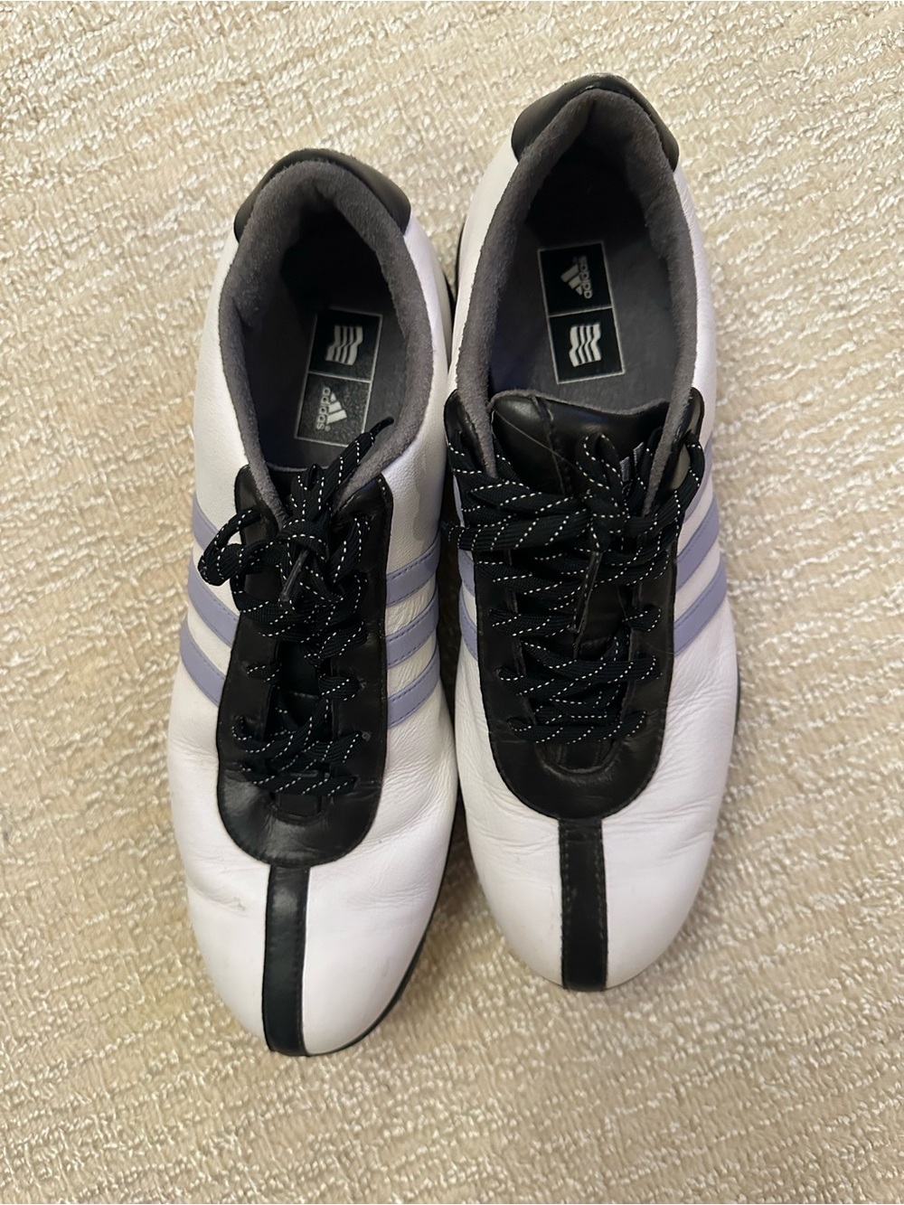 Adidas Women’s White Golf Shoes with spikes and Light Purple Stripes